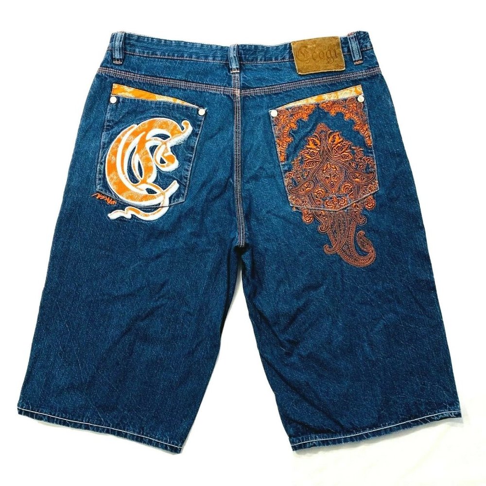 COOGI‎ Baggy Denim Shorts Heavily Embroidered Long